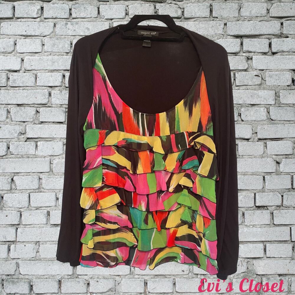 August Silk Small Attached Ruffled Layered Camisole Black Open Cardigan